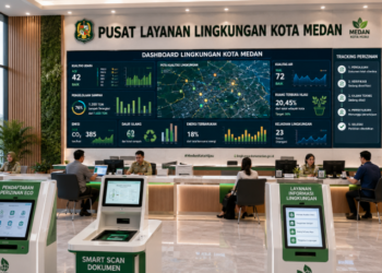 Dashboard interaktif Panduan Izin Lingkungan Hidup yang menampilkan sistem pemantauan data ekologi real-time untuk mendukung efisiensi lingkungan kota Medan.