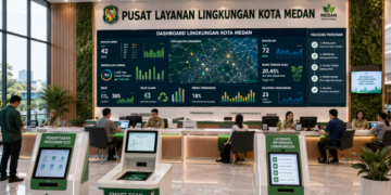 Dashboard interaktif Panduan Izin Lingkungan Hidup yang menampilkan sistem pemantauan data ekologi real-time untuk mendukung efisiensi lingkungan kota Medan.