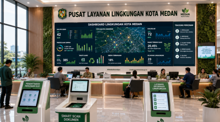 Dashboard interaktif Panduan Izin Lingkungan Hidup yang menampilkan sistem pemantauan data ekologi real-time untuk mendukung efisiensi lingkungan kota Medan.