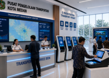 Dashboard interaktif Panduan Izin Operasional Transportasi yang menampilkan sistem pemantauan data logistik real-time untuk mendukung efisiensi transportasi kota Medan.