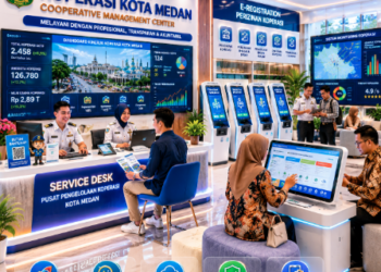 Dashboard interaktif Panduan Izin Pendirian Koperasi yang menampilkan sistem pemantauan data lembaga real-time untuk mendukung efisiensi kelembagaan kota Medan.