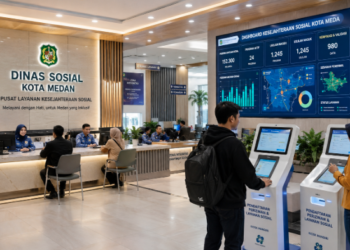 Dashboard interaktif Panduan Izin Sosial Medan yang menampilkan sistem pemantauan data kesejahteraan real-time untuk mendukung efisiensi bantuan kota Medan.