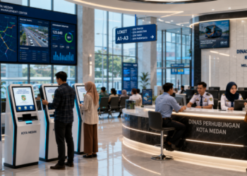 Dashboard interaktif Panduan Izin Transportasi Medan yang menampilkan sistem pemantauan data mobilitas real-time untuk mendukung efisiensi perhubungan kota Medan.