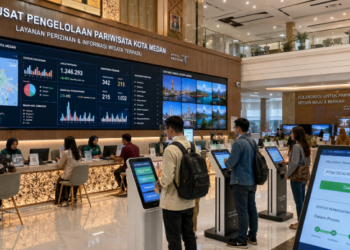 Dashboard interaktif Panduan Izin Usaha Pariwisata yang menampilkan sistem pemantauan data destinasi real-time untuk mendukung efisiensi wisata kota Medan.