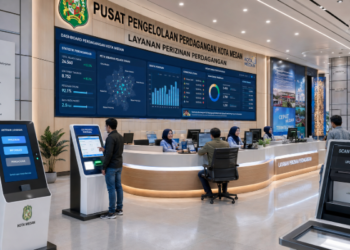 Dashboard interaktif Panduan Izin Usaha Perdagangan yang menampilkan sistem pemantauan data niaga real-time untuk mendukung efisiensi pasar kota Medan.