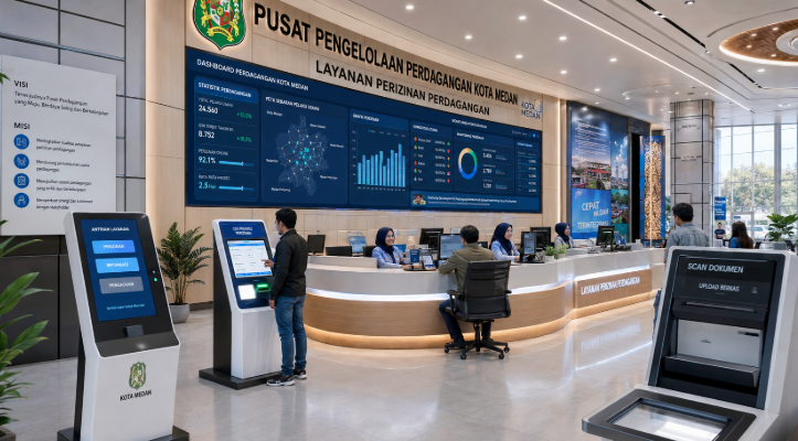 Dashboard interaktif Panduan Izin Usaha Perdagangan yang menampilkan sistem pemantauan data niaga real-time untuk mendukung efisiensi pasar kota Medan.