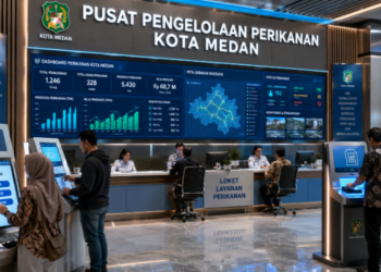 Dashboard interaktif Panduan Izin Usaha Perikanan yang menampilkan sistem pemantauan data budidaya real-time untuk mendukung efisiensi kelautan kota Medan.