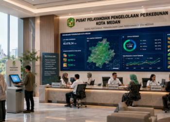 Dashboard interaktif Panduan Izin Usaha Perkebunan yang menampilkan sistem pemantauan data komoditas real-time untuk mendukung efisiensi perkebunan kota Medan.