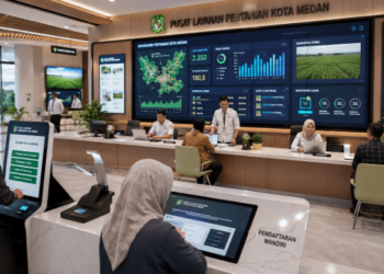 Dashboard interaktif Panduan Izin Usaha Pertanian yang menampilkan sistem pemantauan data agrikultur real-time untuk mendukung efisiensi lahan kota Medan.