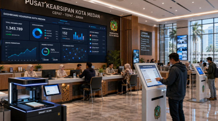 Dashboard interaktif Layanan Kearsipan Daerah Medan yang menampilkan sistem pemantauan data arsip real-time untuk mendukung efisiensi kearsipan kota Medan.