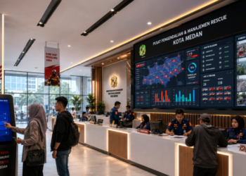 Dashboard interaktif Layanan Penanggulangan Kebakaran Medan yang menampilkan sistem pemantauan data darurat real-time untuk mendukung efisiensi bencana kota Medan.