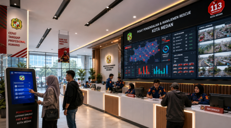 Dashboard interaktif Layanan Penanggulangan Kebakaran Medan yang menampilkan sistem pemantauan data darurat real-time untuk mendukung efisiensi bencana kota Medan.