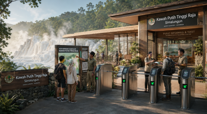 Optimalisasi fungsi Pelesir Alam Simalungun melalui penyediaan sistem pembayaran retribusi masuk elektronik guna meningkatkan efisiensi tata kelola kunjungan wisatawan alam di kawasan cagar alam kawah belerang pimpinan.