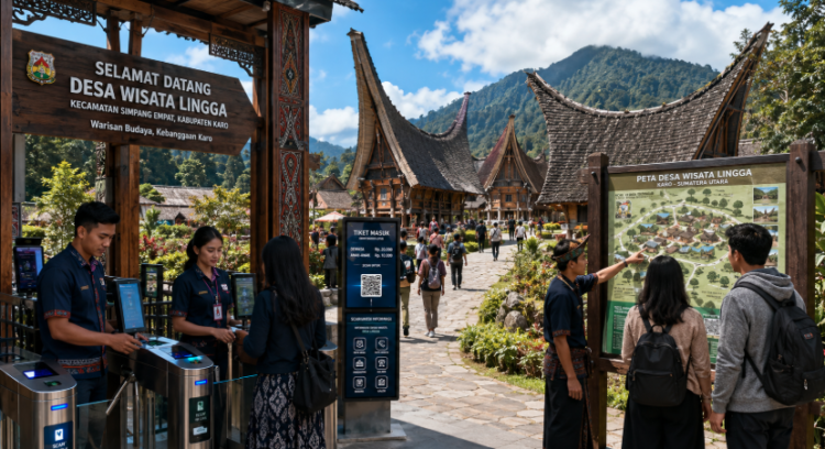 Optimalisasi fungsi Pelesir Budaya Karo melalui penyediaan sistem pembayaran retribusi masuk elektronik guna meningkatkan efisiensi tata kelola kunjungan wisatawan desa adat di lingkungan pemerintah wilayah pimpinan.