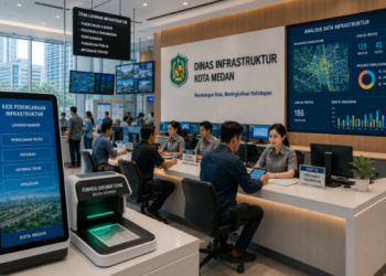 Dashboard interaktif Pembangunan Fasilitas Medan yang menampilkan sistem pemantauan proyek real-time untuk mendukung efisiensi fasilitas warga kota Medan.