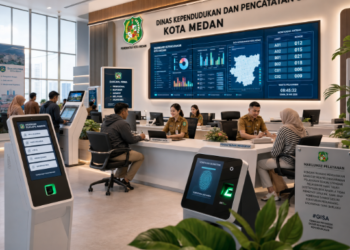 Dashboard interaktif Pemutakhiran Data Warga Medan yang menampilkan sistem validasi identitas real-time untuk mendukung ketepatan data kependudukan kota Medan.