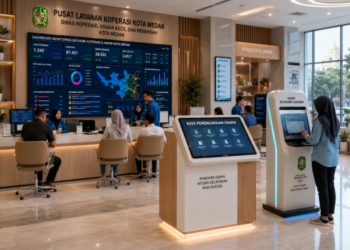 Dashboard interaktif Pengembangan Koperasi Medan yang menampilkan sistem pemantauan usaha real-time untuk mendukung efisiensi ekonomi warga kota Medan.