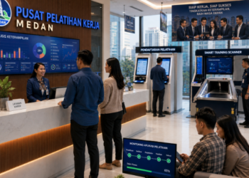 Dashboard interaktif Peningkatan Pelatihan Kerja Medan yang menampilkan sistem pemantauan kursus real-time untuk mendukung efisiensi ketenagakerjaan warga kota Medan.