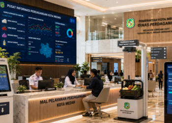 Dashboard interaktif Perdagangan Komoditas Medan yang menampilkan sistem pemantauan pasar real-time untuk mendukung efisiensi niaga warga kota Medan.