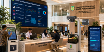 Dashboard interaktif Perdagangan Komoditas Medan yang menampilkan sistem pemantauan pasar real-time untuk mendukung efisiensi niaga warga kota Medan.