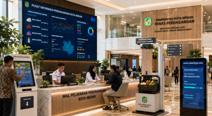 Dashboard interaktif Perdagangan Komoditas Medan yang menampilkan sistem pemantauan pasar real-time untuk mendukung efisiensi niaga warga kota Medan.