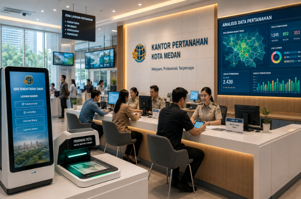 Dashboard interaktif Pertanahan Kota Medan yang menampilkan sistem pemantauan data lahan real-time untuk mendukung percepatan layanan pertanahan warga kota Medan.