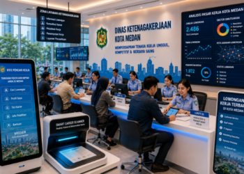 Dashboard interaktif Portal Bursa Kerja Medan yang menampilkan sistem pemantauan lowongan real-time untuk mendukung efisiensi ketenagakerjaan warga kota Medan.