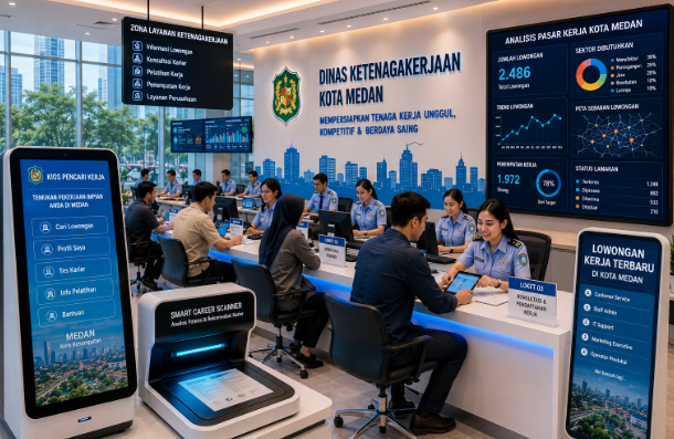 Dashboard interaktif Portal Bursa Kerja Medan yang menampilkan sistem pemantauan lowongan real-time untuk mendukung efisiensi ketenagakerjaan warga kota Medan.