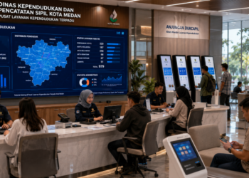 Dashboard interaktif Portal Izin Kependudukan Medan yang menampilkan sistem pemantauan data identitas real-time untuk mendukung efisiensi layanan kependudukan kota Medan.