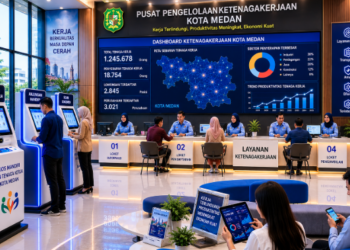 Dashboard interaktif Portal Izin Ketenagakerjaan Medan yang menampilkan sistem pemantauan data produktivitas real-time untuk mendukung efisiensi tenaga kerja kota Medan.