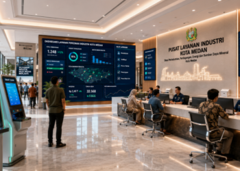 Dashboard interaktif Prosedur Izin Industri Medan yang menampilkan sistem pemantauan data produksi real-time untuk mendukung efisiensi manufaktur kota Medan.