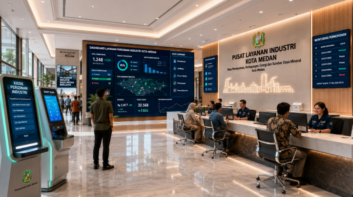Dashboard interaktif Prosedur Izin Industri Medan yang menampilkan sistem pemantauan data produksi real-time untuk mendukung efisiensi manufaktur kota Medan.