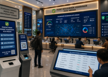 Dashboard interaktif Prosedur Izin Keamanan Medan yang menampilkan sistem pemantauan data ketertiban real-time untuk mendukung efisiensi perlindungan kota Medan.