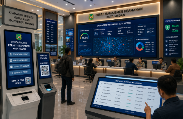 Dashboard interaktif Prosedur Izin Keamanan Medan yang menampilkan sistem pemantauan data ketertiban real-time untuk mendukung efisiensi perlindungan kota Medan.