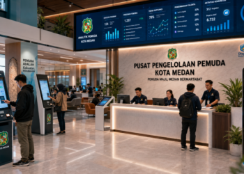 Dashboard interaktif Prosedur Izin Kepemudaan Medan yang menampilkan sistem pemantauan data potensi real-time untuk mendukung efisiensi kepemudaan kota Medan.