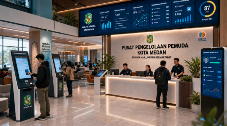 Dashboard interaktif Prosedur Izin Kepemudaan Medan yang menampilkan sistem pemantauan data potensi real-time untuk mendukung efisiensi kepemudaan kota Medan.