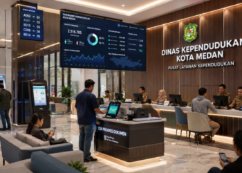 Dashboard interaktif Prosedur Izin Kependudukan Medan yang menampilkan sistem pemantauan data identitas real-time untuk mendukung efisiensi administrasi kota Medan.