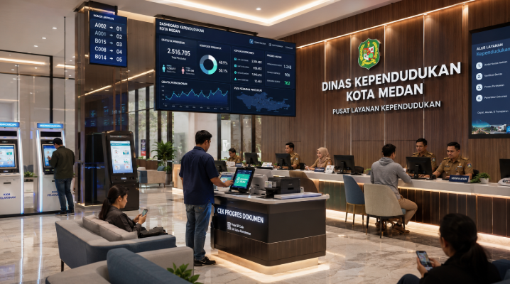 Dashboard interaktif Prosedur Izin Kependudukan Medan yang menampilkan sistem pemantauan data identitas real-time untuk mendukung efisiensi administrasi kota Medan.