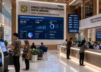 Dashboard interaktif Prosedur Izin Ketenagakerjaan Medan yang menampilkan sistem pemantauan data produktivitas real-time untuk mendukung efisiensi tenaga kerja kota Medan.