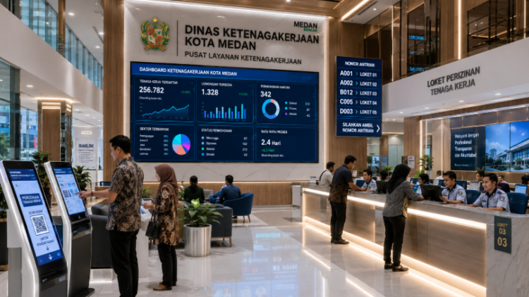 Dashboard interaktif Prosedur Izin Ketenagakerjaan Medan yang menampilkan sistem pemantauan data produktivitas real-time untuk mendukung efisiensi tenaga kerja kota Medan.