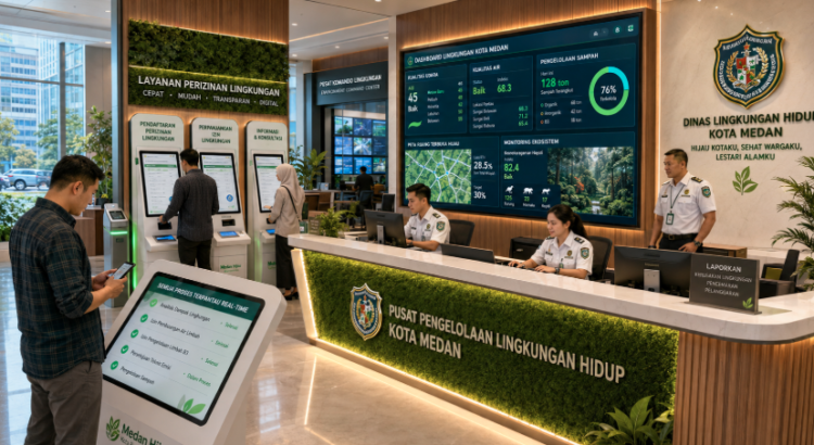 Dashboard interaktif Prosedur Izin Lingkungan Medan yang menampilkan sistem pemantauan data kelestarian real-time untuk mendukung efisiensi lingkungan kota Medan.