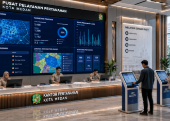 Dashboard interaktif Prosedur Izin Pertanahan Medan yang menampilkan sistem pemantauan data lahan real-time untuk mendukung efisiensi properti kota Medan.