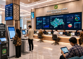 Dashboard interaktif Prosedur Izin UMKM Medan yang menampilkan sistem pemantauan data usaha real-time untuk mendukung efisiensi dagang kota Medan.