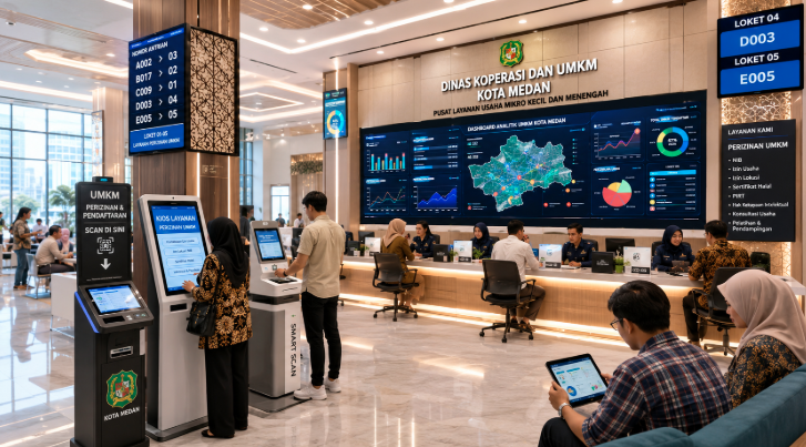 Dashboard interaktif Prosedur Izin UMKM Medan yang menampilkan sistem pemantauan data usaha real-time untuk mendukung efisiensi dagang kota Medan.