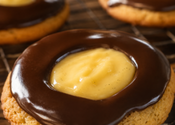 Visualisasi menggiurkan dari Resep Boston Cream Pie Cookies yang memperlihatkan tekstur kue empuk dengan isian krim vanilla dan siraman cokelat mengkilap.