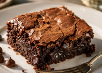 Potongan tebal dan padat dari hasil panggangan Resep Brownies Cokelat Fudgy yang menampilkan permukaan mengkilap dengan bagian dalam yang lumer.