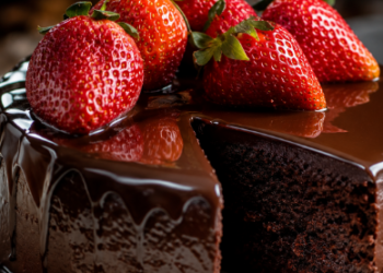 Foto irisan chocolate truffle cake bertekstur lembut dengan siraman ganache cokelat gelap mengkilap dan stroberi di atas piring keramik putih,