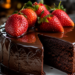 Foto irisan chocolate truffle cake bertekstur lembut dengan siraman ganache cokelat gelap mengkilap dan stroberi di atas piring keramik putih,
