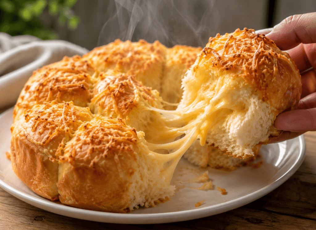 Visualisasi tekstur lembut dari Resep Kue Sobek Keju yang baru matang dengan tarikan keju mozzarella lumer dan taburan keju parut kering di atasnya harian.