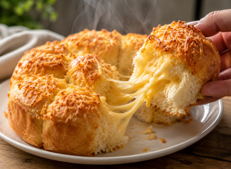 Visualisasi tekstur lembut dari Resep Kue Sobek Keju yang baru matang dengan tarikan keju mozzarella lumer dan taburan keju parut kering di atasnya harian.